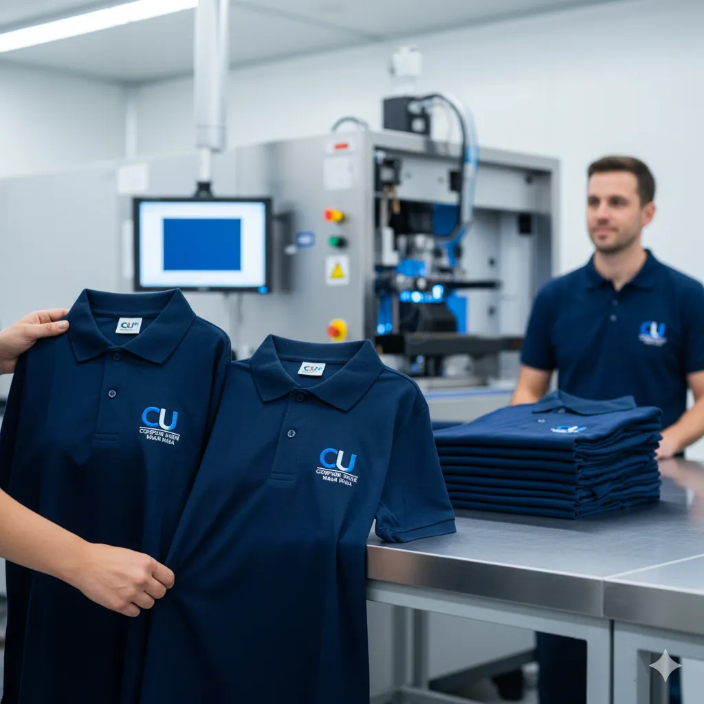 Two navy polo shirts with embroidered chest logos held beside a folded stack in an embroidery workshop