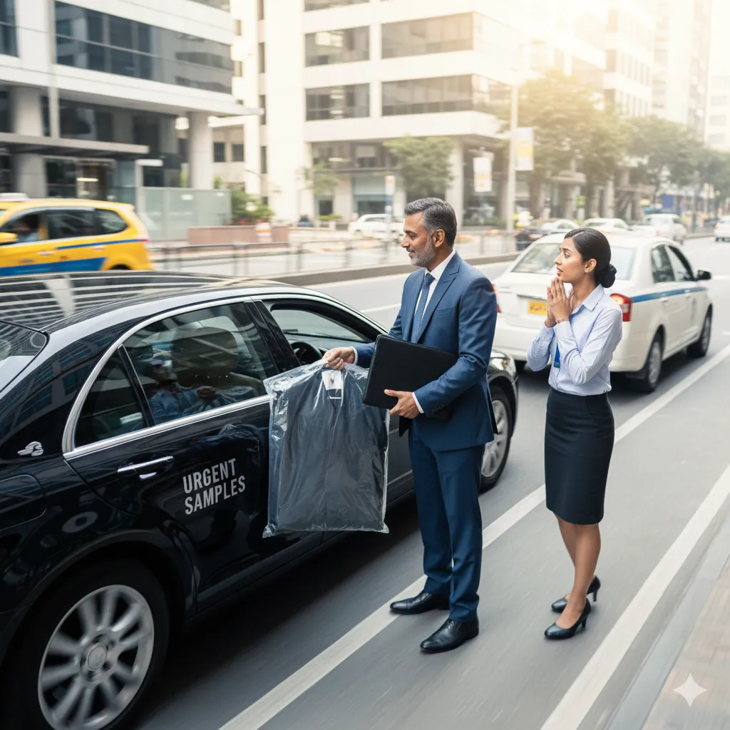 Man in blue suit handing a clear-wrapped navy garment sample to a colleague beside a car